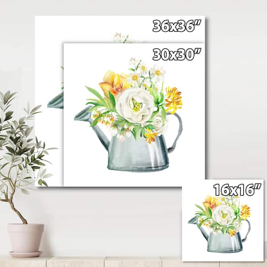 Designart - Roses Peonies & Marigolds In Garden Watering Can